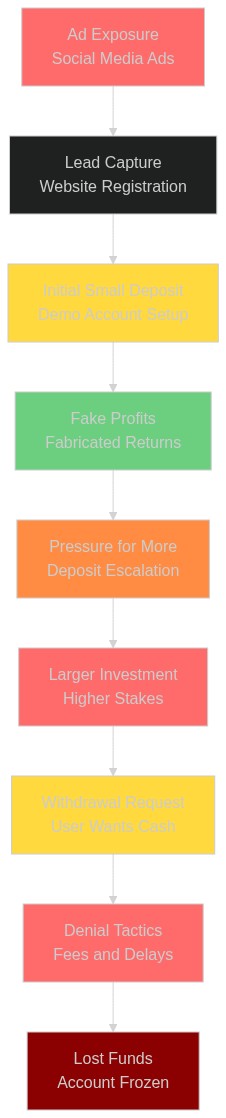 Diagram of AI trading bot scam stages showing recruitment via ads, fake dashboard onboarding, and deposit escalation before withdrawal blocking