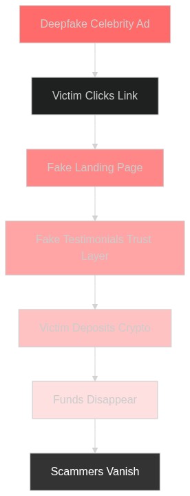 Step-by-step flowchart illustrating how a celebrity deepfake crypto giveaway scam progresses from fake ad to stolen funds