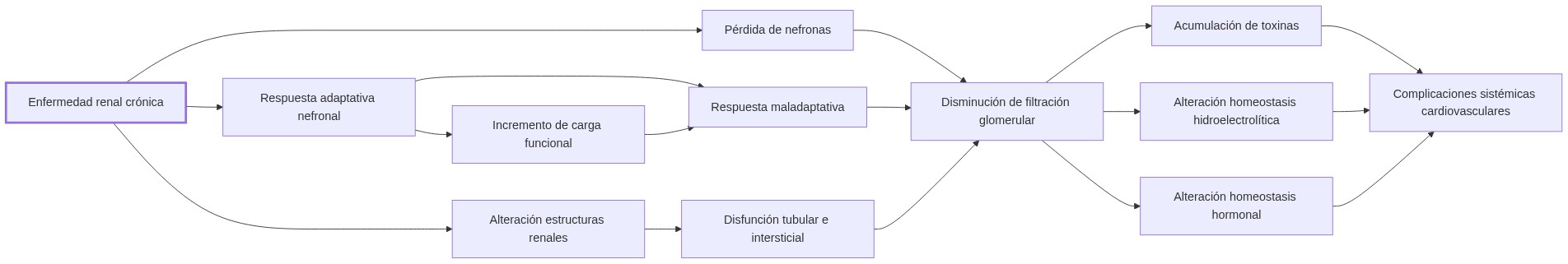 Diagrama de fisiopatologia: la enfermedad renal crónica inicia con pérdida de nefronas y respuestas maladaptativas que reducen la tasa de filtración glomerular, provocando acumulación de toxinas, alteraciones hidroelectrolíticas y hormonales, y aumentando la morbilidad cardiovascular.