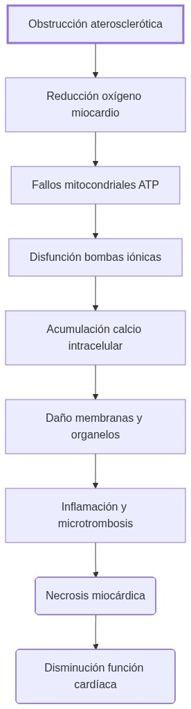 Diagrama de fisiopatologia: obstrucción aterosclerótica reduce oxígeno en miocardio causando fallo mitocondrial, disfunción iónica, daño celular, inflamación y necrosis con deterioro cardiaco.