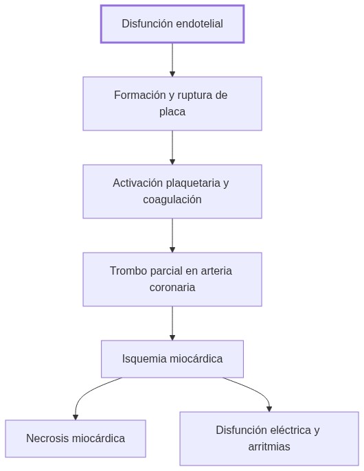 Diagrama de fisiopatologia: disfuncion endotelial inicia formacion y ruptura de placa aterosclerotica que activa plaquetas y coagulación, causando trombo parcial, isquemia miocardica, necrosis y arritmias.