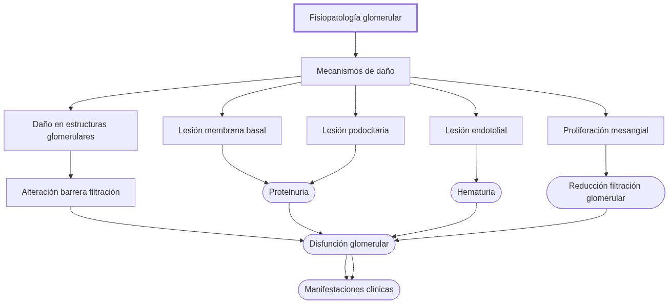 Diagrama de fisiopatologia: la fisiopatología glomerular muestra cómo causas dañan el glomérulo renal, alterando la barrera de filtración, provocando disfunción y manifestaciones clínicas como proteinuria y hematuria.