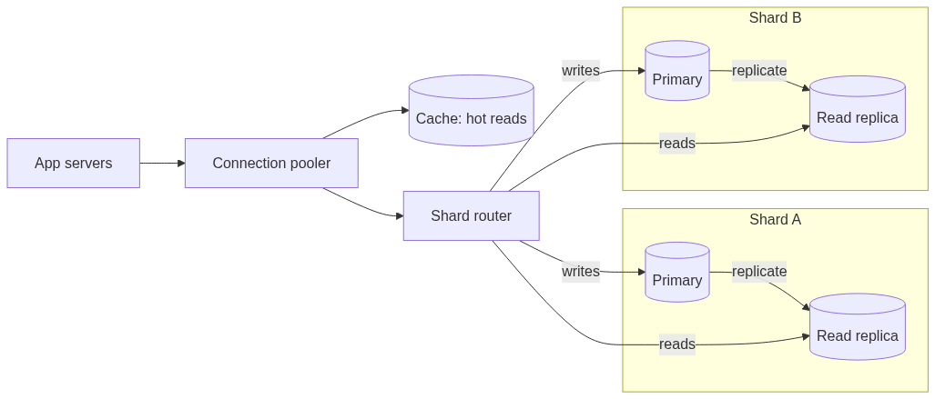 Scalable database architecture: app servers connect through a connection pooler, which serves hot reads from a cache and otherwise goes through a shard router; the router sends writes to the primary of the correct shard and reads to that shard's read replica, and each shard's primary replicates to its replica