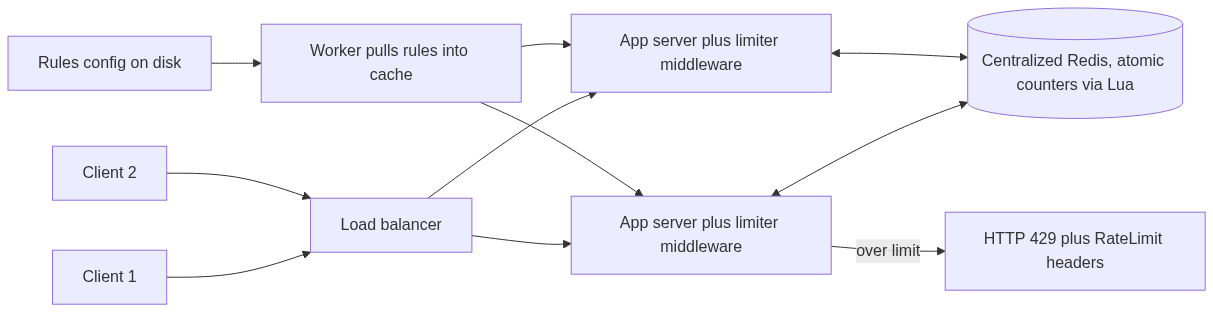 Distributed rate limiter architecture: two clients go through a load balancer to multiple app servers each running the limiter middleware, all sharing one centralized Redis with atomic counters via Lua, a worker pulls rules from a config file into each server, and an over-limit request returns HTTP 429 plus RateLimit headers