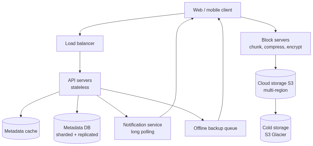Full Google Drive high-level architecture: client talks to a load balancer into stateless API servers, and separately to block servers; API servers use a metadata cache, sharded metadata DB, notification service, and offline backup queue; block servers write to multi-region S3 which tiers cold data to Glacier