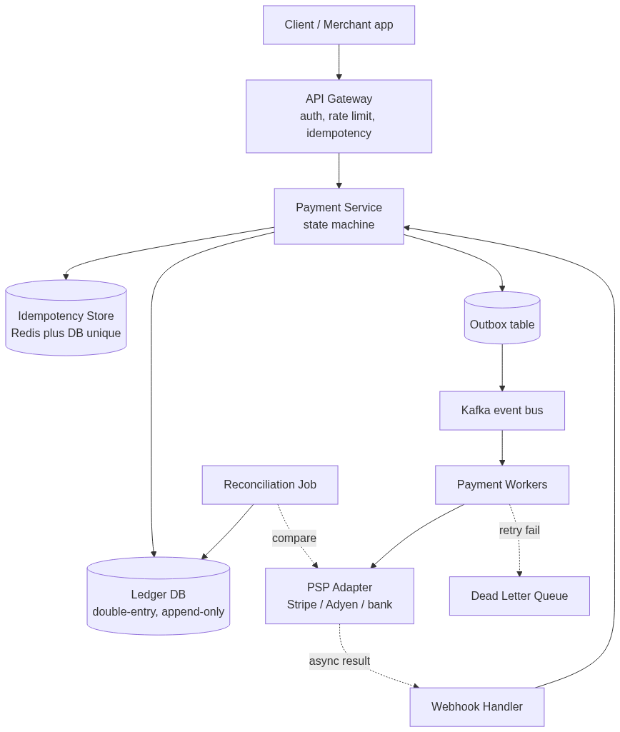 High-level architecture: client and merchant app call an API gateway doing auth, rate limiting, and idempotency, which calls the Payment Service state machine; the service writes to an idempotency store, a double-entry append-only ledger DB, and an outbox table; the outbox feeds a Kafka event bus to payment workers to a PSP adapter, with failures going to a dead letter queue; the PSP sends async results to a webhook handler that updates the payment service, and a reconciliation job compares the ledger against the PSP