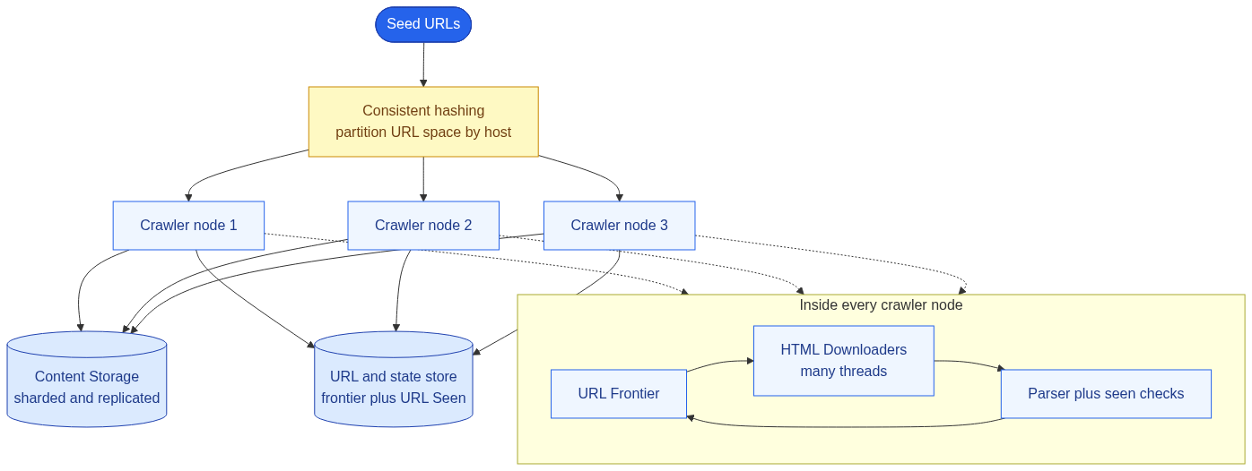 Distributed crawl: seed URLs enter a consistent-hashing layer that partitions the URL space by host across crawler nodes 1, 2 and 3; each node runs its own frontier-to-downloaders-to-parser loop and writes to a shared sharded-and-replicated content store and a URL and state store