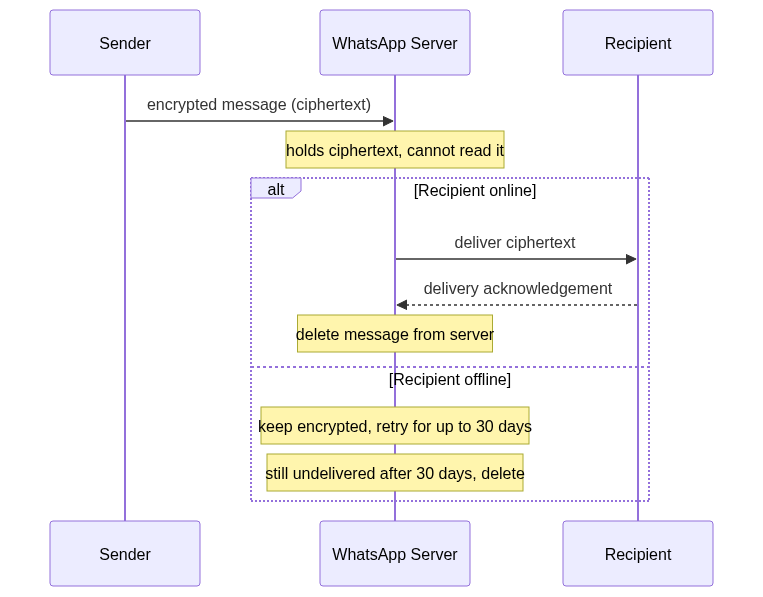Store-and-forward lifecycle: the server holds an encrypted message it cannot read, deletes it once the recipient acknowledges delivery, and for an offline recipient retries for up to 30 days before deleting the undelivered message