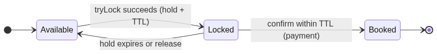 ShowSeat state machine: Available to Locked on tryLock, Locked to Booked on confirm within TTL, Locked back to Available when the hold expires